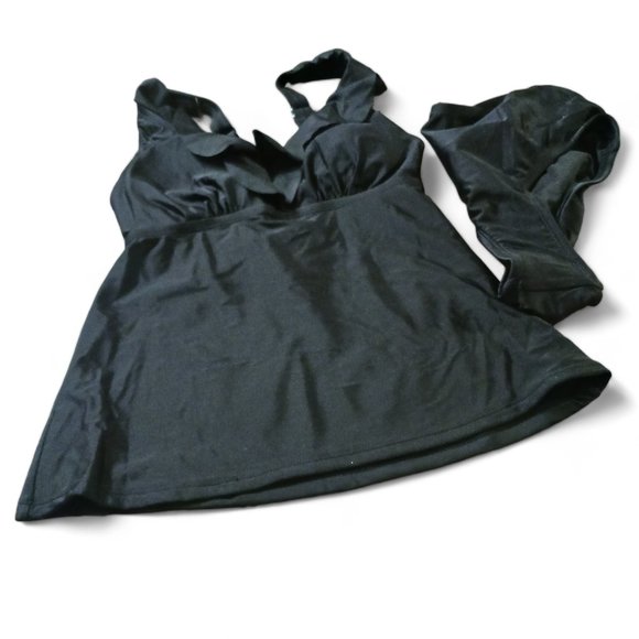 NWT  DKNY Two Piece Black Ruffled Neck Tankini, Swimsuit, Bathing Suit  … - Picture 2 of 15